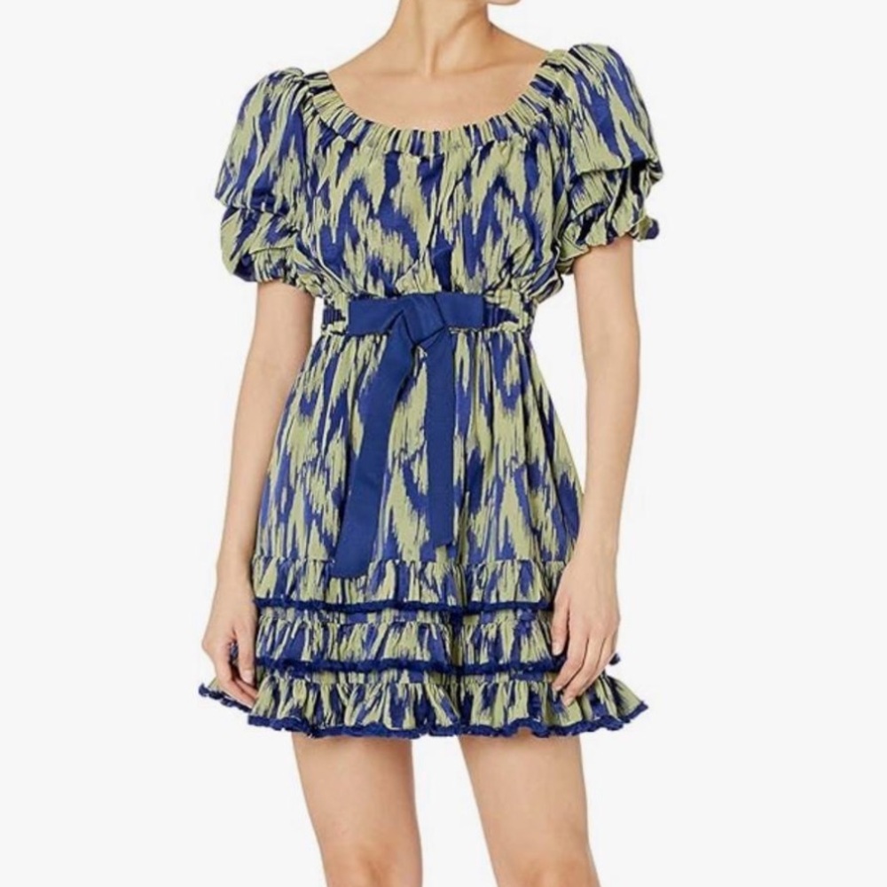 Cinq à Sept Blue and Green Ruffled Dress